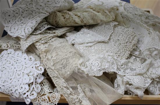 A fine mixed needle lace and Anglaise pillowcase, a needle run stole and various lace collars, trimming and mats